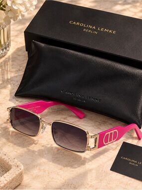 New in box Carolina Lemke Hot Pink Sunglasses with Gold Accents